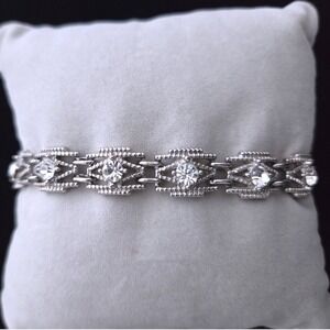 VTG Art Deco Silver Tone Geometric Rhinestone Link‎ Tennis Bracelet 7.5 Inch